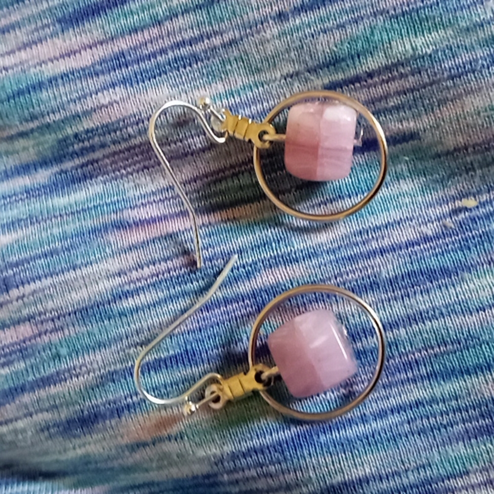 hand crafted silver plated hoop blown glass pink statement earrings New